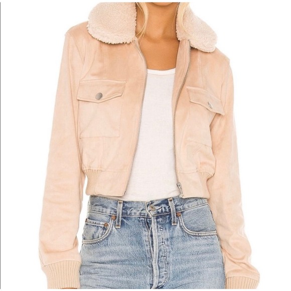 REVOLVE Majorelle Cropped Sherpa Collar Suede Bomber Jacket Sand Beige Size XXS - Picture 1 of 12